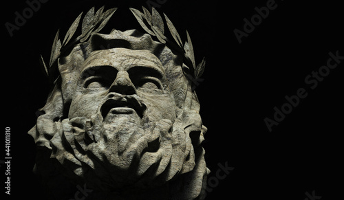 Photography 3d render illustration of stone greek god Zeus face on black background