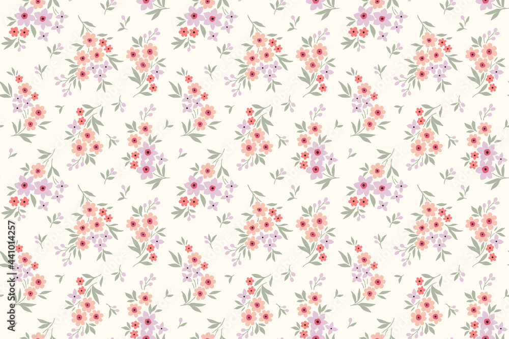 Vector seamless pattern. Pretty pattern in small flowers. Small pink coral and lilac flowers. White  background. Ditsy floral background. The elegant the template for fashion prints.