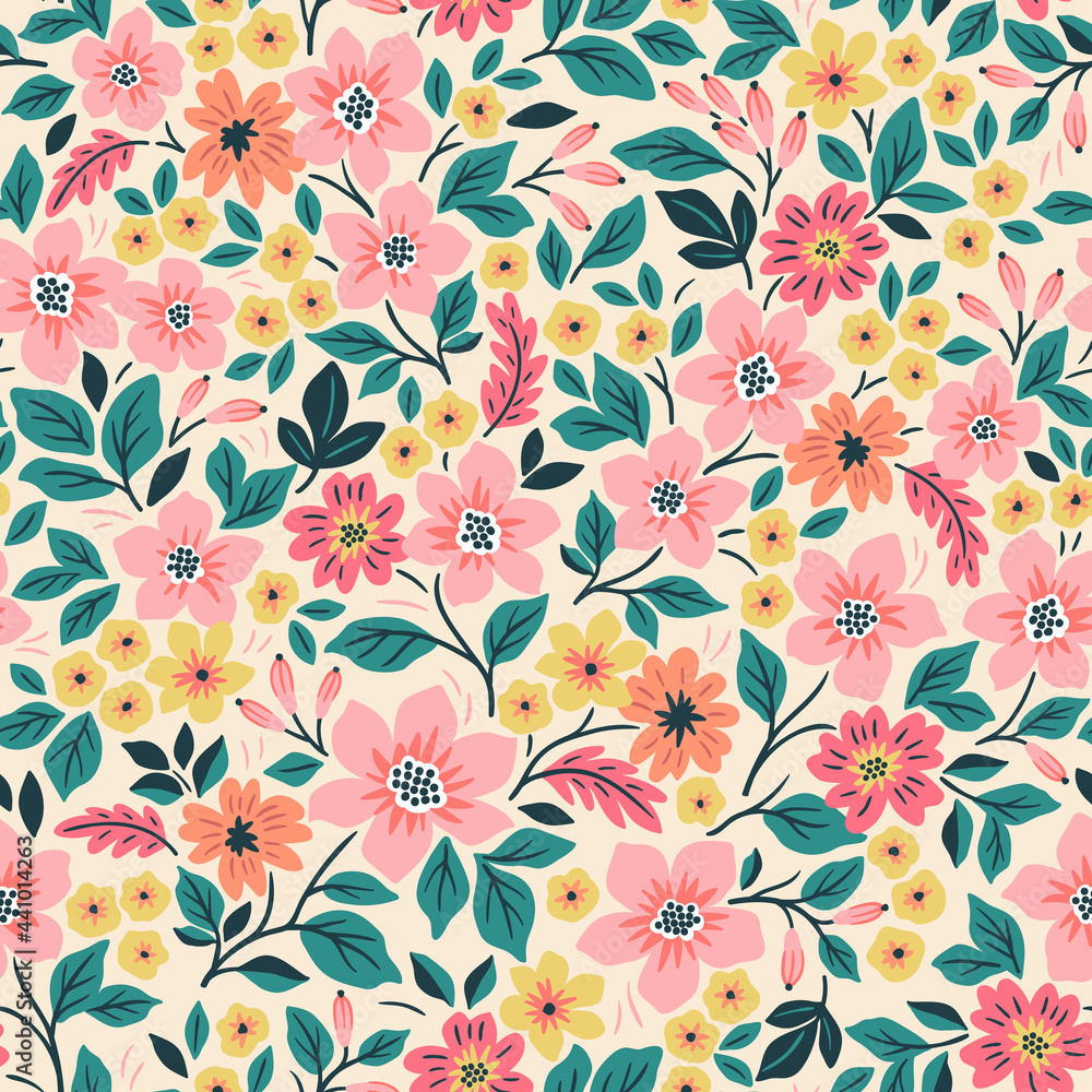 Cute floral pattern in the small flowers. Seamless vector texture. Elegant template for fashion prints. Printing with small pink and yellow flowers. White  background.