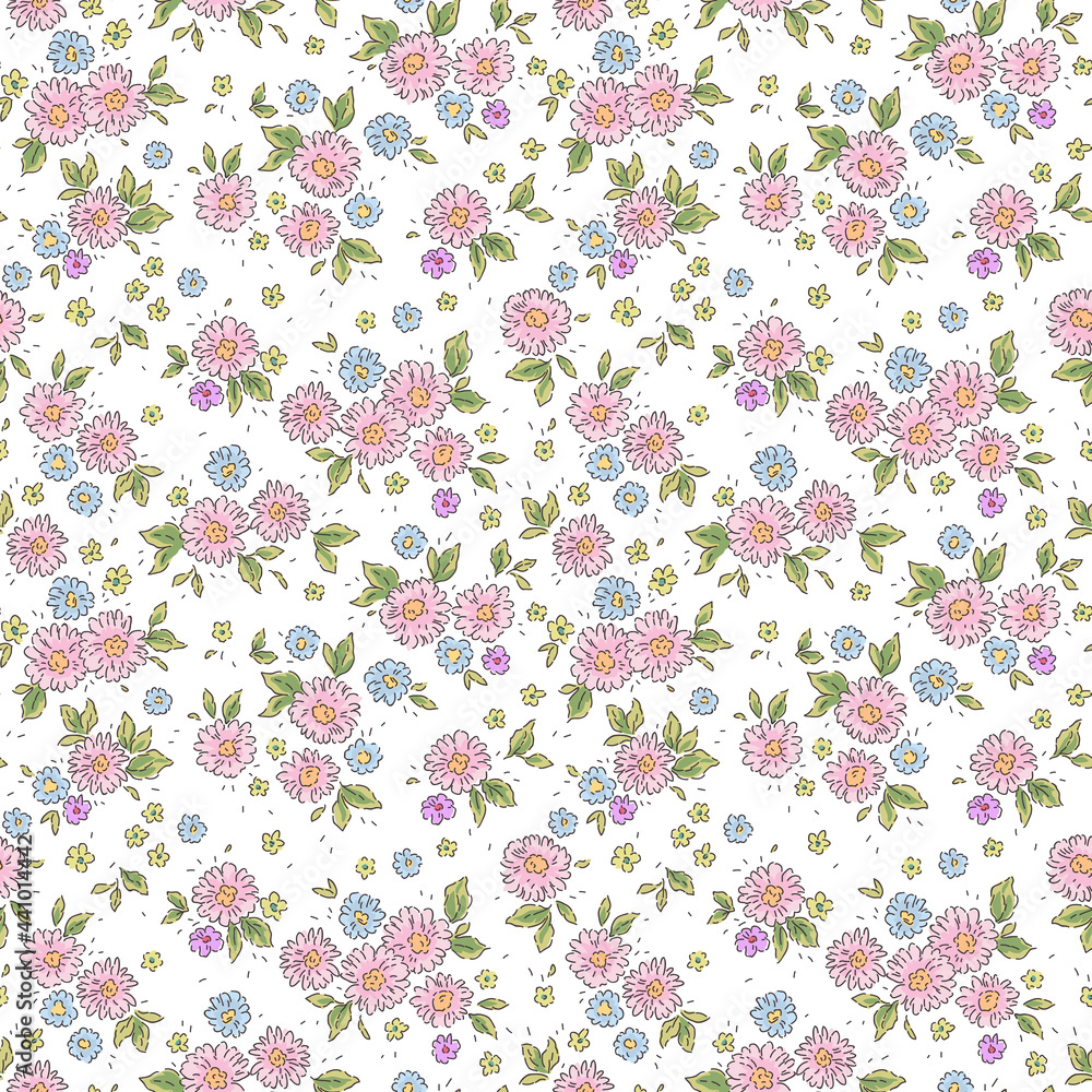 Vector seamless pattern. Ditsies pattern in small daisy flowers. Small pink and lilac flowers. White background. Ditsy floral background. The elegant the template for fashion prints.