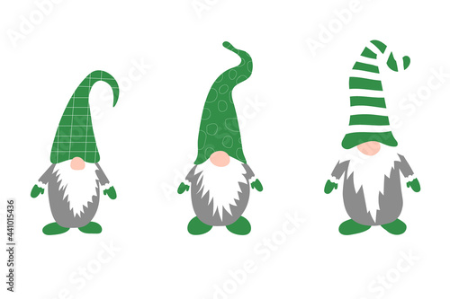 Cute christmas gnomes in green had collection isolated on white background. Vector illustration for patrick's day