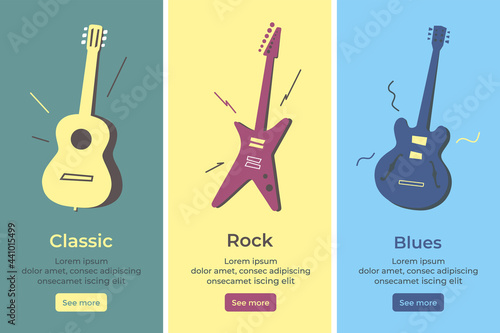 Acoustic guitar, electric guitar. Stringed musical instruments set. Colorfull flat Isolated vector illustration .Classic, rock, jazz and blues music style. Online store musical instruments for musican