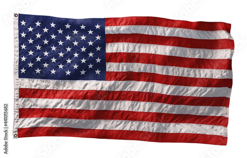 American flag waving in the wind isolated on white background. 3D