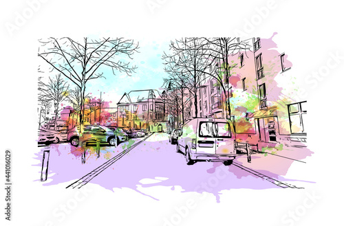 Building view with landmark of Gelsenkirchen is a city in western Germany. Watercolor splash with hand drawn sketch illustration in vector.
