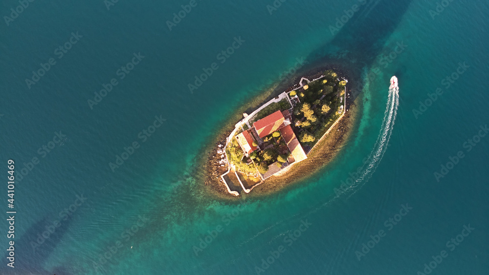 Aerial view of the Church of St. George on the island in Montenegro.