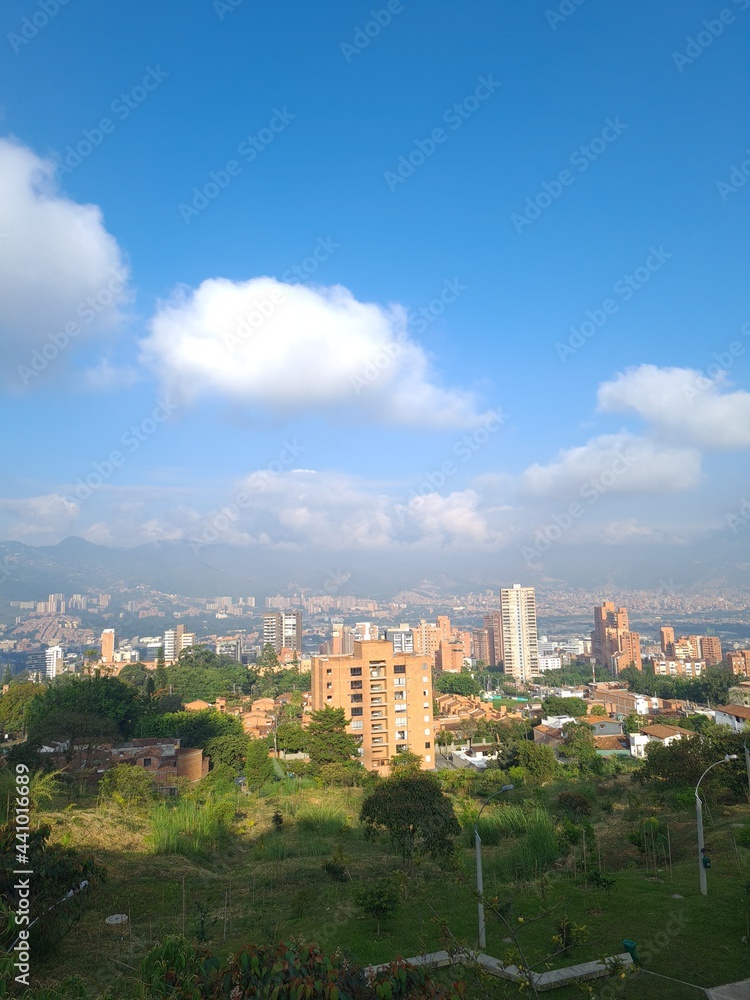 Medellin, Antioquia, Colombia. January 14, 2021: landscape with mountains and blue sky.
Architecture and facade of buildings in the city