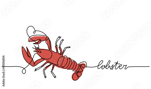Red lobster or crayfish minimalist vector background, banner, poster. Signboard, store or shop sign design.One continuous line art drawing of lobster, crayfish