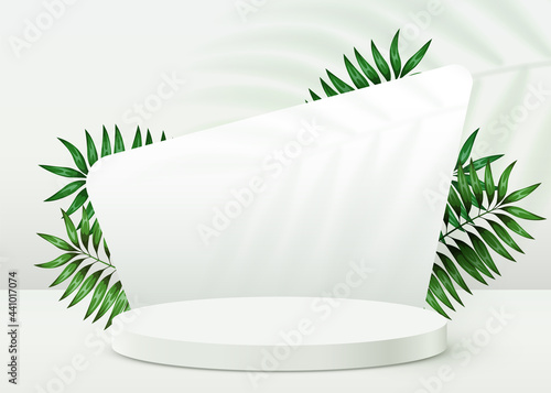 Abstract eco scene background. Cylinder podium with leaves on white background. Product presentation, mock up, show natural cosmetic product. Podium, stage pedestal or platform.