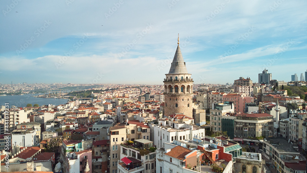 Aerial view of the Galata Tower in Istanbul. Turkey landmarks