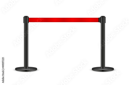 Realistic vector retractable belt stanchion. Crowd control barrier posts with caution strap. Queue lines. Restriction border and danger tape.