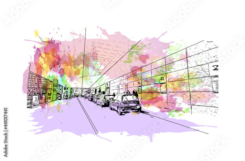 Building view with landmark of Gelsenkirchen is a city in western Germany. Watercolor splash with hand drawn sketch illustration in vector.