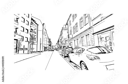 Building view with landmark of Gelsenkirchen is a city in western Germany. Hand drawn sketch illustration in vector.