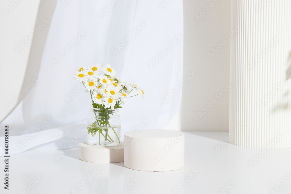 Empty cylindrical podium or plinth with chamomile flowers and seashell on a white background. Empty shelf product standing background
