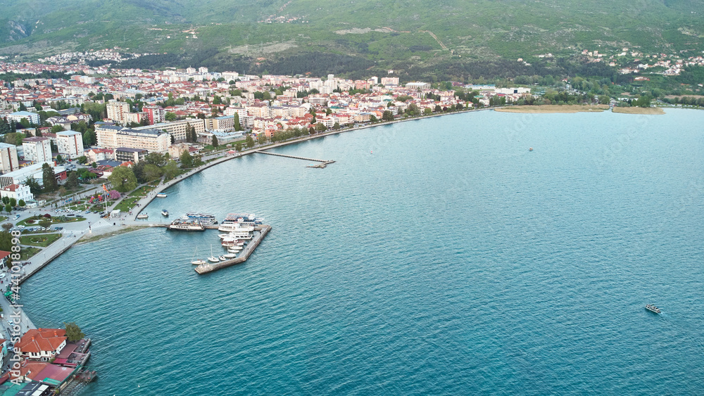 Aerial view of Ohrid city. Lake Ohrid. North Macedonia
