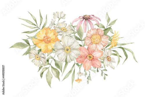 Watercolor bouquet with elegant flowers  branches and leaves isolated on white. Summer wild flower  floral arrangements  meadow flowers