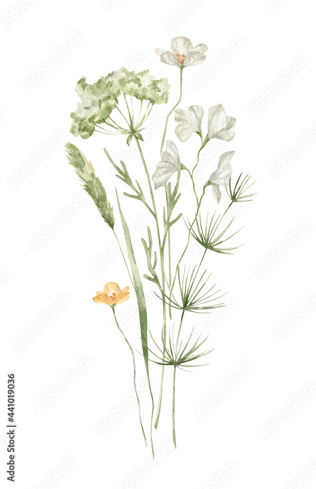 Watercolor bouquet with white and yellow flowers, branches and leaves isolated on white. Summer wild flower, floral arrangements, meadow flowers