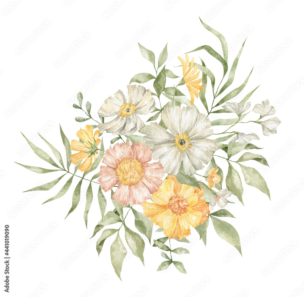 Watercolor bouquet with white and yellow narcissus flowers, branches and leaves isolated on white. Summer wild flower, floral arrangements, meadow flowers