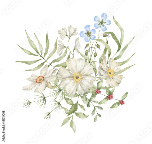 Watercolor bouquet with elegant flowers, branches and leaves isolated on white. Summer wild flower, floral arrangements, meadow flowers © Kate K.