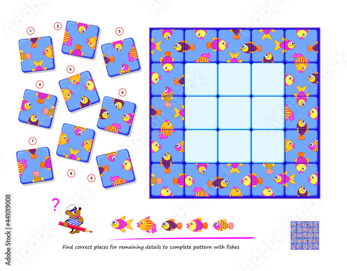 Logic puzzle game for children and adults. Find correct places for remaining details to complete pattern with fishes. Page for kids brain teaser book. Developing spatial thinking. Play online.