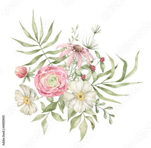 Watercolor bouquet with elegant flowers  branches and leaves isolated on white. Summer wild flower  floral arrangements  meadow flowers