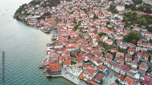 Aerial view of Ohrid city. Lake Ohrid. North Macedonia