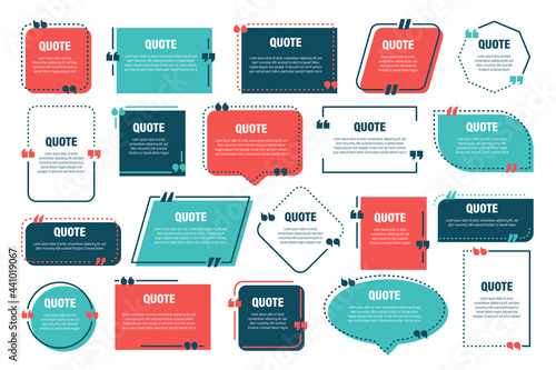 Set of various colorful isolated quote frames. Speech bubbles with quotation marks. Blank text box and quotes. Blog post template. Vector illustration.