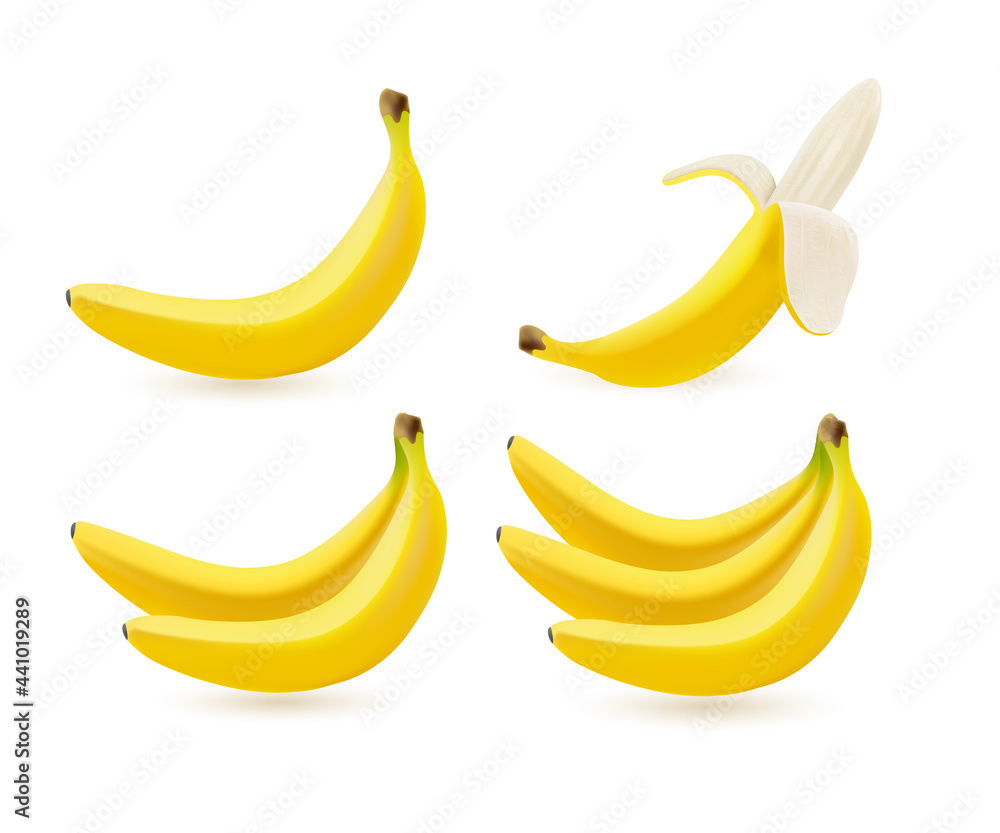 Realistic banana set isolated on white background. Sweet yellow fruit icons. Yummy vitamin dessert.