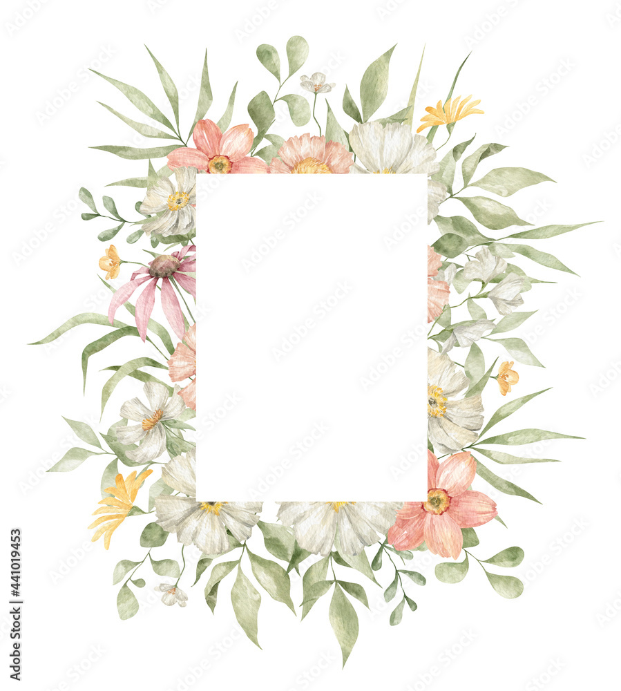 Watercolor rectangle frame with elegant bright summer meadow flowers, herbs and wild leaves. Wildflower rustic bouquet. Frame for wedding invitation, cards, covers. Lush foliage
