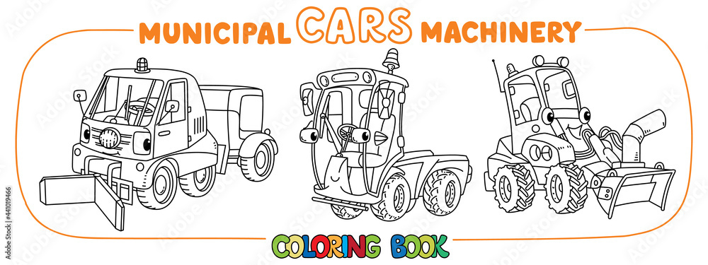 Obraz premium Funny municipal cars with eyes coloring book set