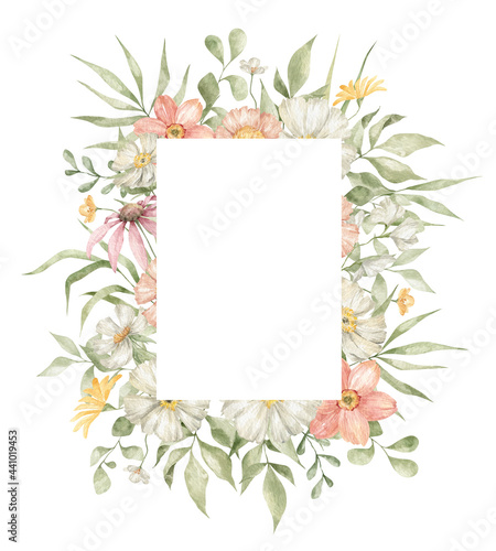 Watercolor rectangle frame with elegant bright summer meadow flowers  herbs and wild leaves. Wildflower rustic bouquet. Frame for wedding invitation  cards  covers. Lush foliage