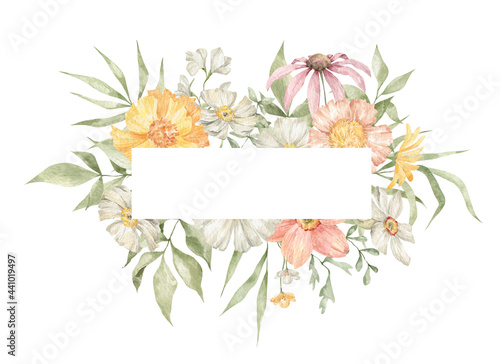 Watercolor rectangle frame with elegant bright summer meadow flowers, herbs and wild leaves. Wildflower rustic bouquet. Frame for wedding invitation, cards, covers. Lush foliage