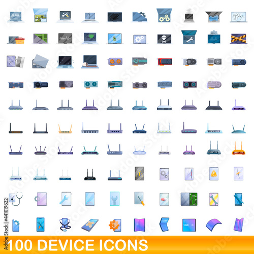 100 device icons set. Cartoon illustration of 100 device icons vector set isolated on white background