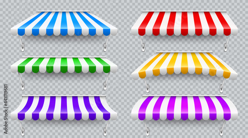 Colorful shop sunshade with metal mount. Realistic striped cafe awning. Outdoor market tent. Roof canopy. Summer street store. Vector illustration.