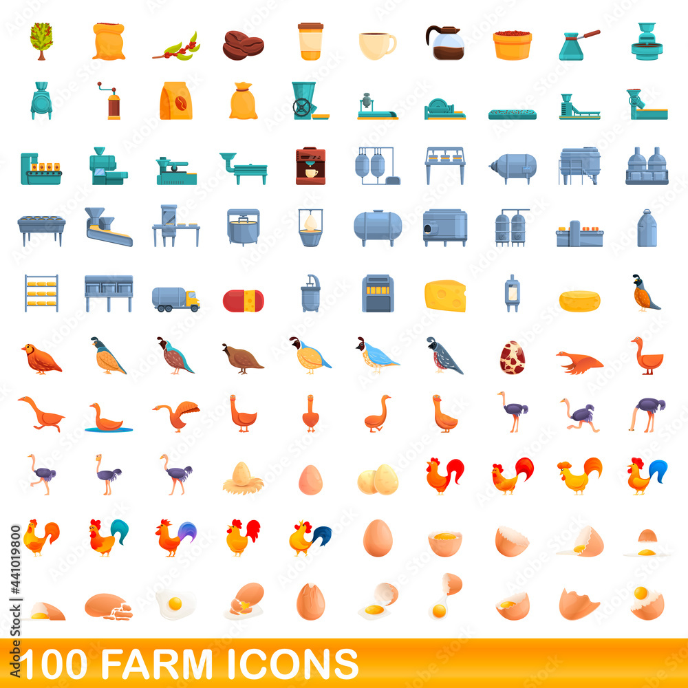 100 farm icons set. Cartoon illustration of 100 farm icons vector set isolated on white background 100 farm icons set. Cartoon illustration of 100 farm icons vector set isolated on white background