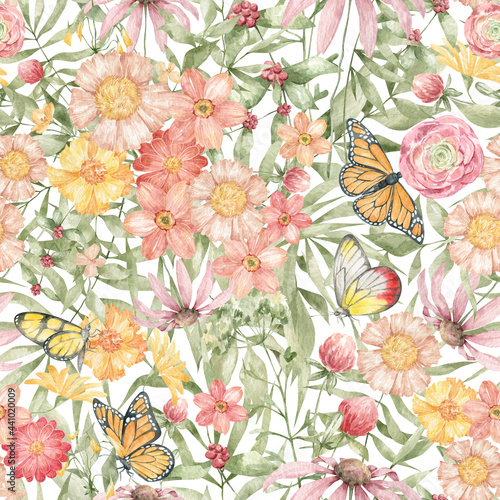 Photography Watercolor seamless pattern with wild summer flowers in pink and yellow colors