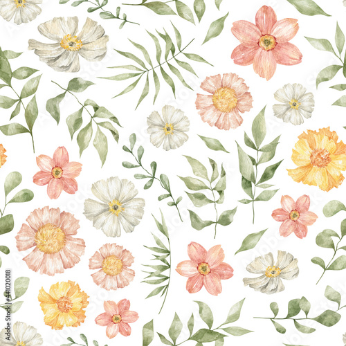 Watercolor seamless pattern with wild summer flowers in pink and yellow colors. Meadow wild flower and foliage, leaf, plants. Spring garden. Floral background for wallpaper, paper, textile, package