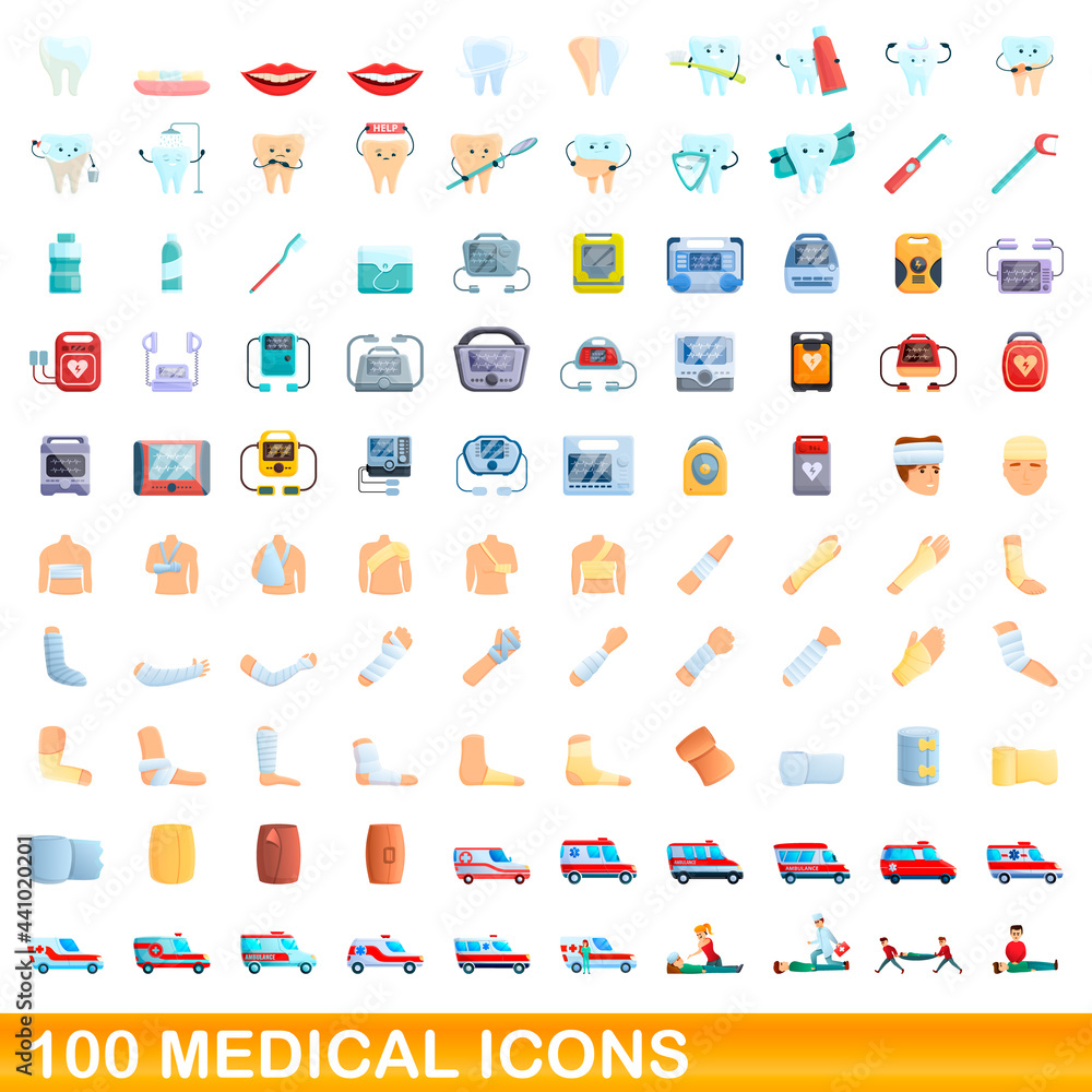 Fototapeta premium 100 medical icons set. Cartoon illustration of 100 medical icons vector set isolated on white background