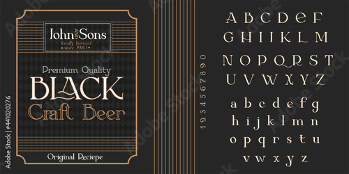 Vintage decorative font Offtime. Retro typerface. Elegance serif alphabet. Vector font for label, branding, tags, t-shirt, alcohol bottle.