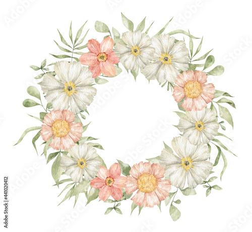 Lush floral wreath with summer flowers, greenery, leaves. Hand-drawn watercolor. Floral round frame for invitation, decor, cards. Romantic elegant frame.