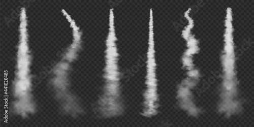 Realistic airplane condensation trails. Space rocket launch. Missile or bullet trail. Jet aircraft tracks. White smoke clouds, fog. Steam flow. Vector illustration.