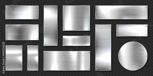 Realistic shiny metal banners set. Brushed steel plate with screws. Polished silver metal surface. Vector illustration.
