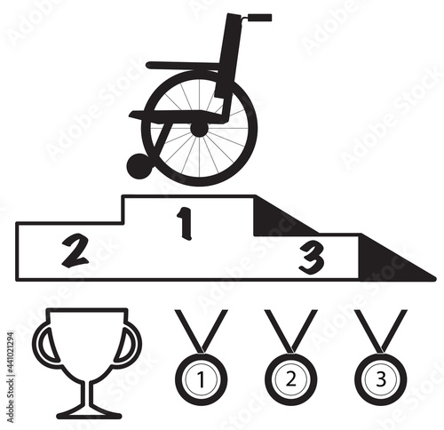 Paralympic games podium, cup and medals. Vector icon set