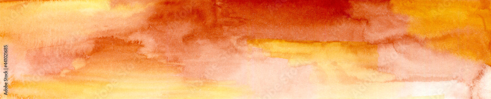autumn watercolor background in orange and brown colors. Horizontal watercolor background