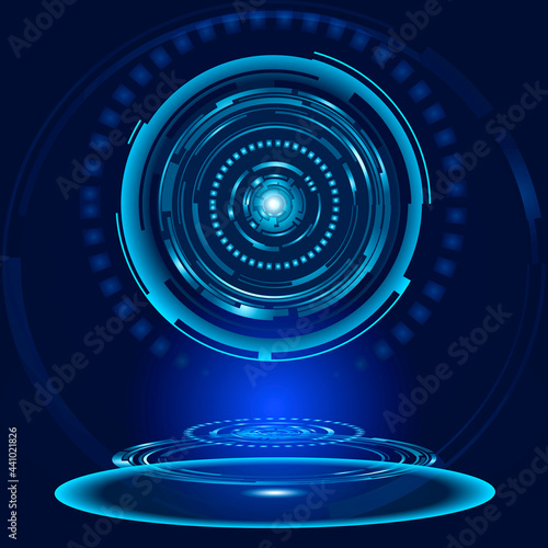 Blue abstract futuristic HUD object. Sci Fi user interface digital eye element consist of glow circles. Vector science and technology illustration