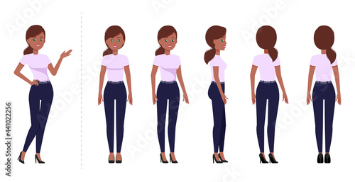 Afro american woman in casual outfit. Different poses and views for animation