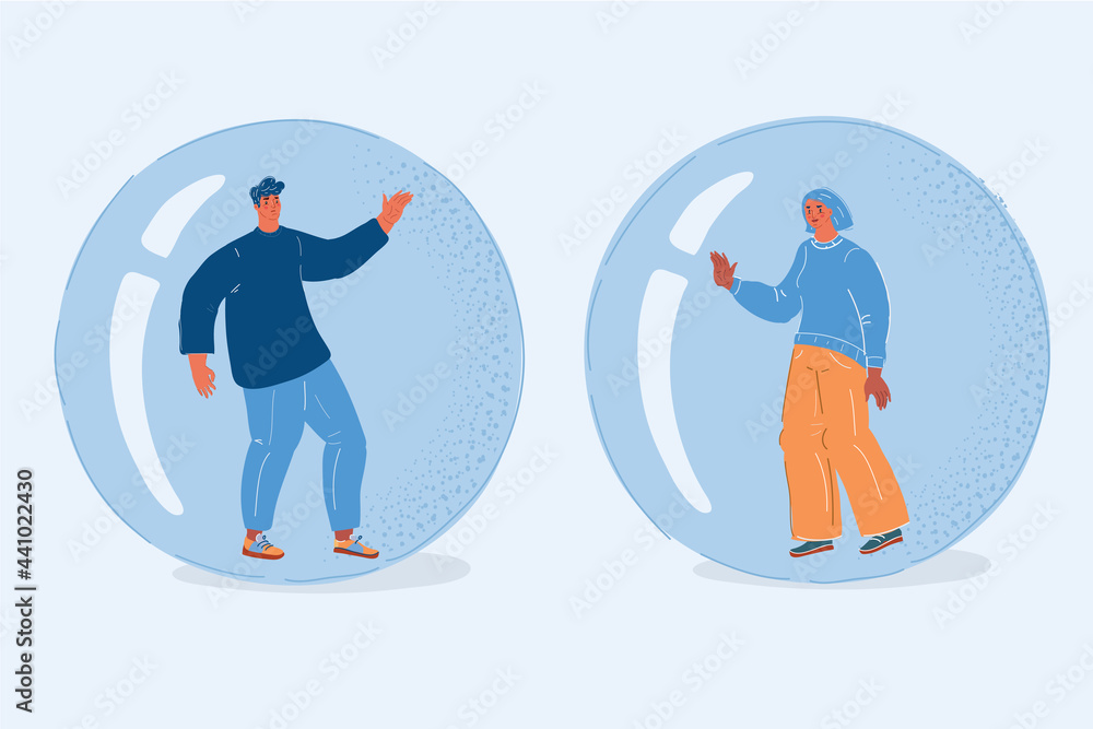 Vector illustration of man and woman inside Big Bubbles. Social distance concept, quarantine, loneliness among people Vector illustration of man and woman inside Big Bubbles. Social distance concept, quarantine, loneliness among people