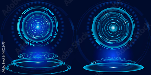 Abstract futuristic HUD object. Sci Fi user interface digital eye element consist of glowing circles. Vector science and technology illustration