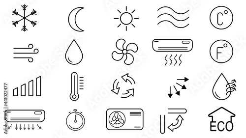 Simple set of air conditioning related line vector icons. Contains such icons as cool, hot, humidity, air-conditioner, temperature, timer, fan and more
