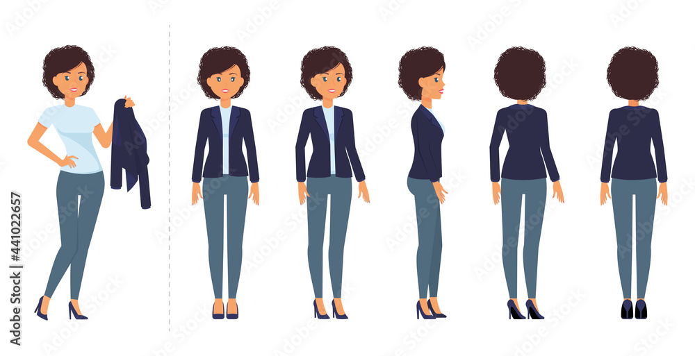 Cartoon character model sheets. Business woman in blue suit. Poses and ...