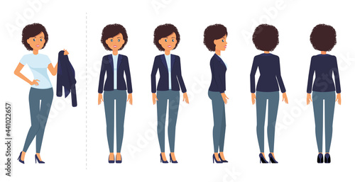 Cartoon character model sheets. Business woman in blue suit. Poses and views for animation